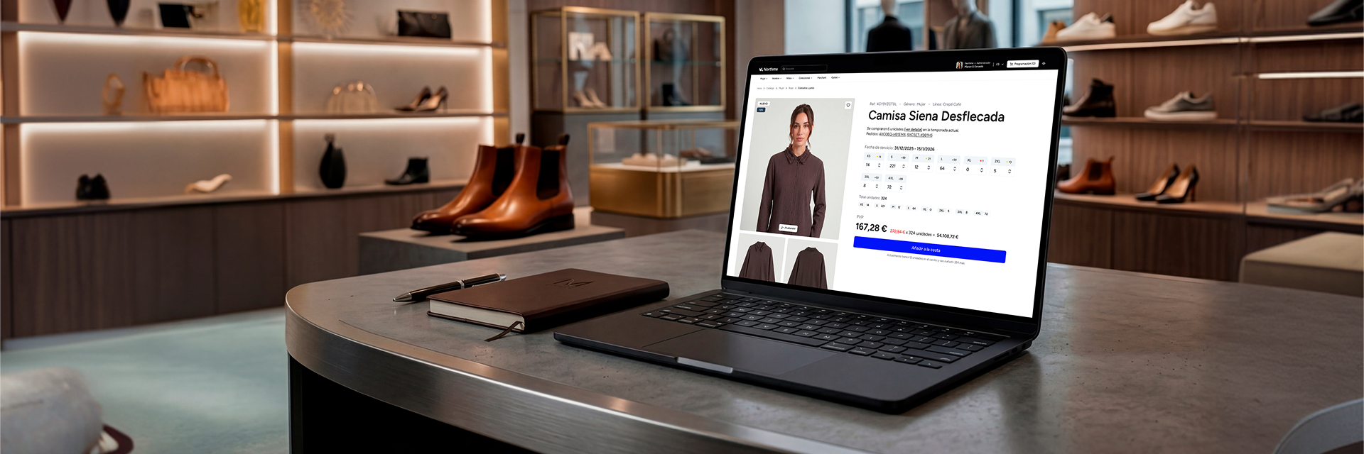 Portátil con la plataforma Go2B abierta sobre una mesa de showroom