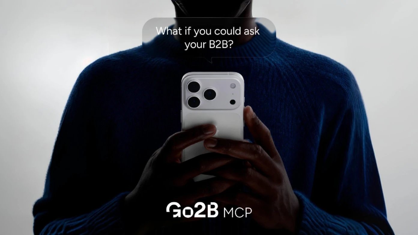 A person uses Go2B MCP on their phone. The message reads “What if you could ask your B2B?”.
