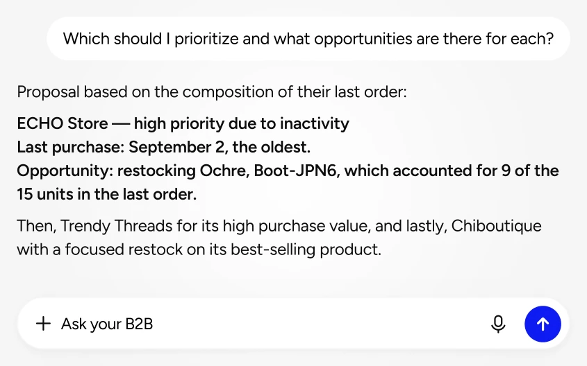 A conversation shows Go2B turning connected data into sales insights and next steps.