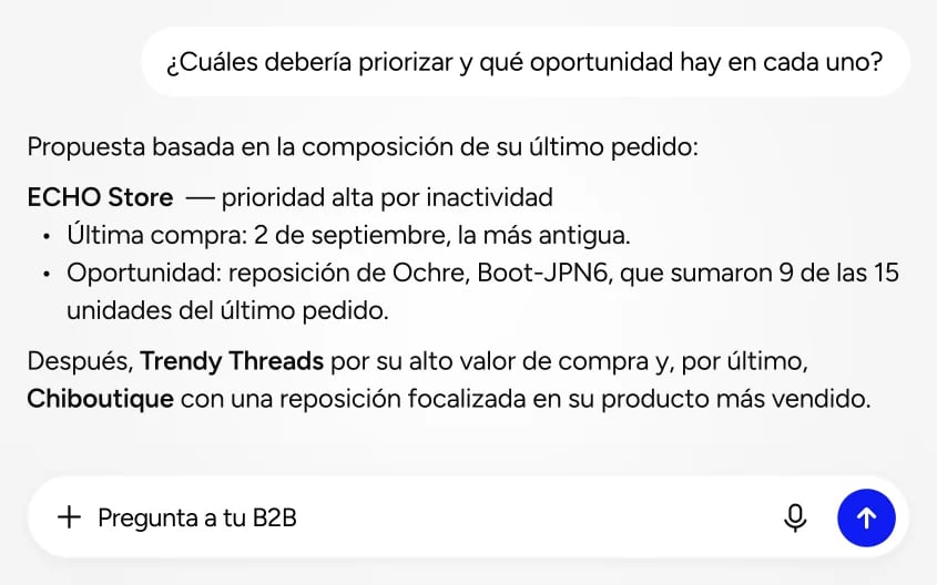 Una conversación con Go2B transforma los datos conectados en contexto comercial y próximos pasos.