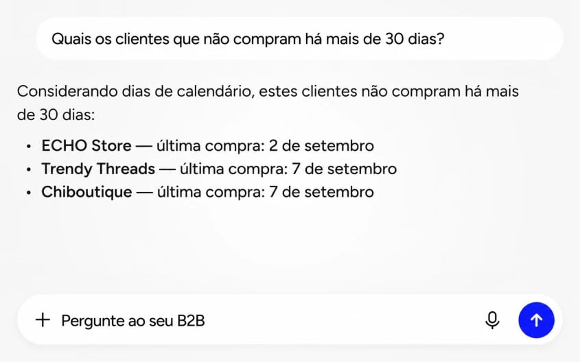 Exemplo: «Que clientes não fazem encomendas há mais de 30 dias?». O Go2B apresenta os clientes e as datas das últimas compras.