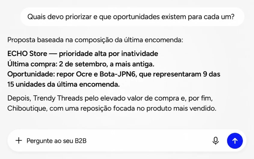 Uma conversa mostra o Go2B a transformar dados ligados em recomendações comerciais e próximos passos.