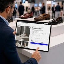 Comprador profesional revisando catálogo en stand con Go2B