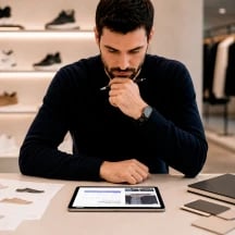 Dueño de tienda de retail revisando su pedido de Go2B en la tablet